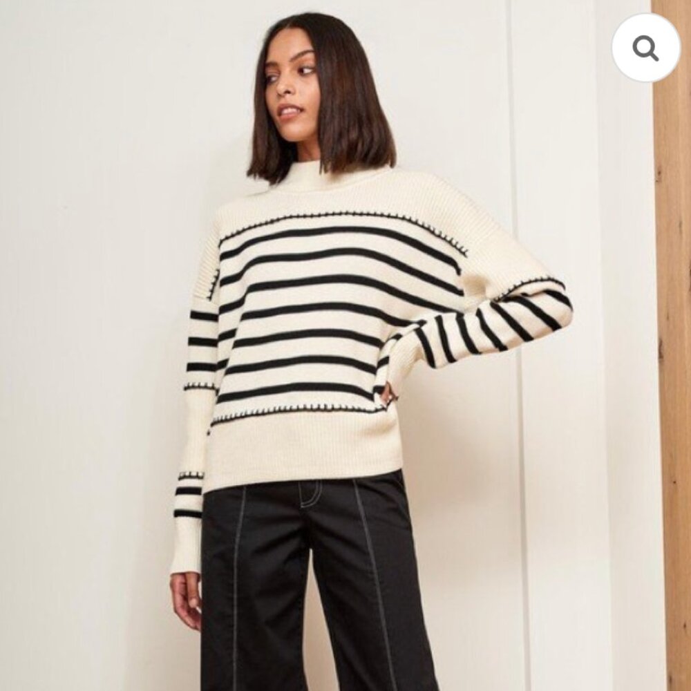 La Ligne Marine Mockneck Stripe Merino Wool Sweater - S